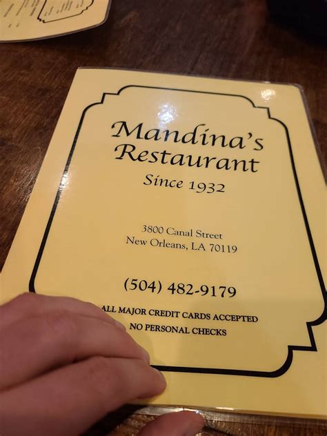 Mandinas restaurant - Mandina's Restaurant. 3800 Canal St, New Orleans, LA 70119. Mandina’s is a casual, familial seafood and Creole Italian joint favored by many of the city’s most longstanding families. Just steps from the Canal Street streetcar line, it’s also a great place to snag a muffuletta.